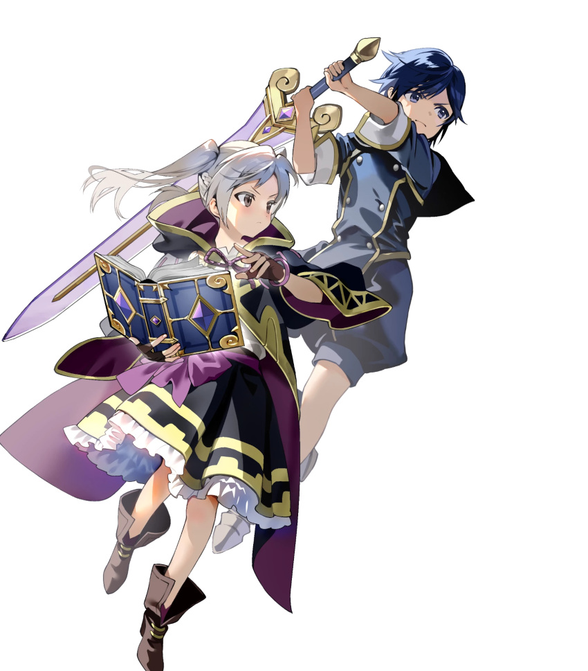 1boy 1girl aged_down attack black_coat black_gloves blue_eyes blue_hair book braid chrom_(child)_(fire_emblem) chrom_(fire_emblem) coat fingerless_gloves fire_emblem fire_emblem_awakening fire_emblem_heroes gloves grey_eyes highres holding holding_book holding_sword holding_weapon non-web_source open_book robin_(female)_(child)_(fire_emblem) robin_(female)_(fire_emblem) robin_(fire_emblem) swing sword twintails v-shaped_eyebrows weapon white_hair