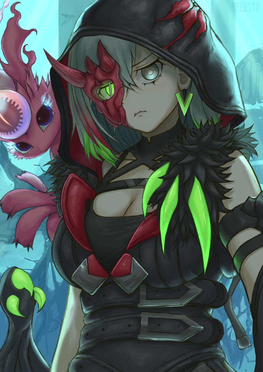 1girl absurdres breasts cleavage colored_tips detached_sleeves diabellstar_the_black_witch duel_monster gloves green_eyes green_hair half_mask highres hood hood_up large_breasts magenta mask medium_hair multicolored_hair pale_skin red_mask single_sleeve snake-eyes_poplar yu-gi-oh!