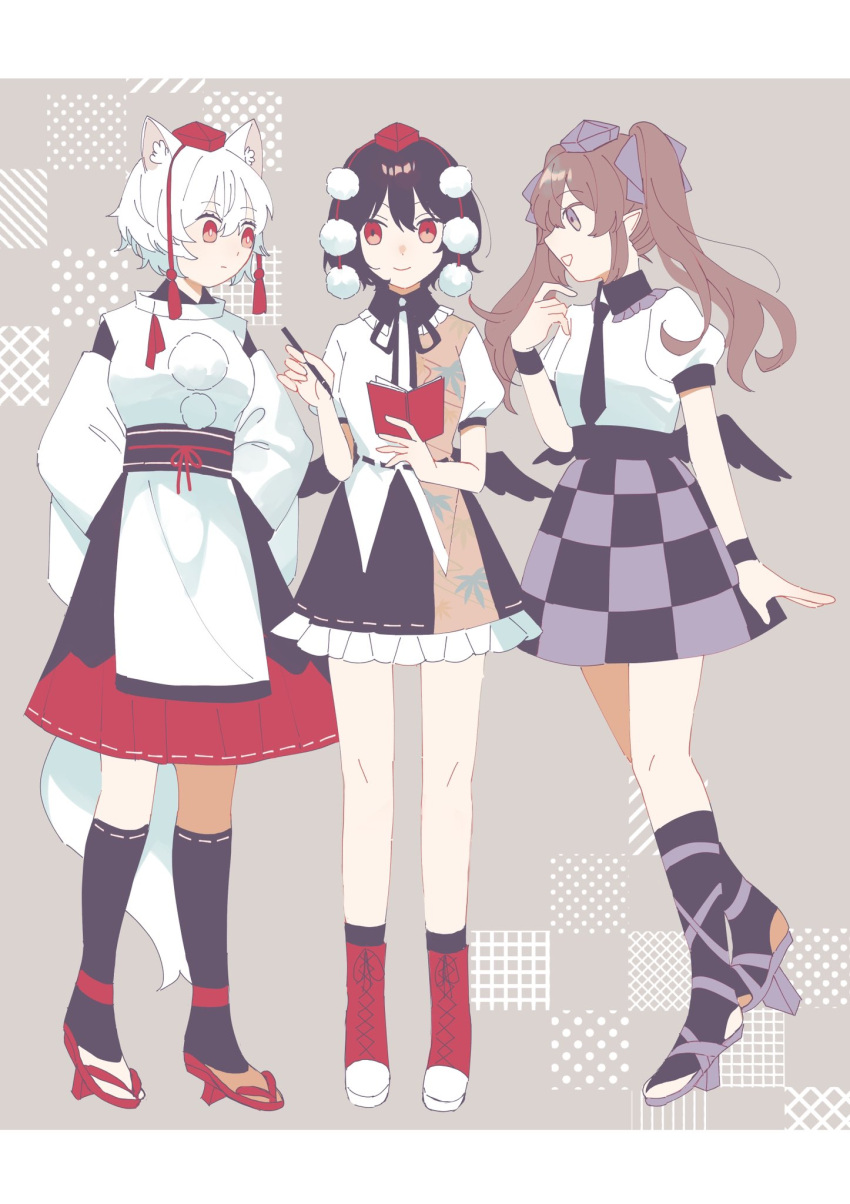 3girls animal_ears bird_wings black_hair black_necktie black_ribbon black_skirt black_socks black_wings breasts brown_hair checkered_clothes checkered_skirt closed_mouth collared_shirt detached_sleeves feathered_wings full_body geta hat highres himekaidou_hatate holding holding_notebook holding_pen inubashiri_momiji japanese_clothes kariginu kneehighs leaf_print low_wings medium_breasts multiple_girls neck_ribbon necktie nib_pen_(object) notebook open_mouth pen pom_pom_(clothes) puffy_sleeves purple_eyes purple_hat purple_skirt red_eyes red_hat red_skirt red_socks ribbon shameimaru_aya shirt short_hair skirt small_breasts smile socks standing tengu-geta tokin_hat toraneko_2 touhou twintails white_hair white_shirt wings wolf_ears