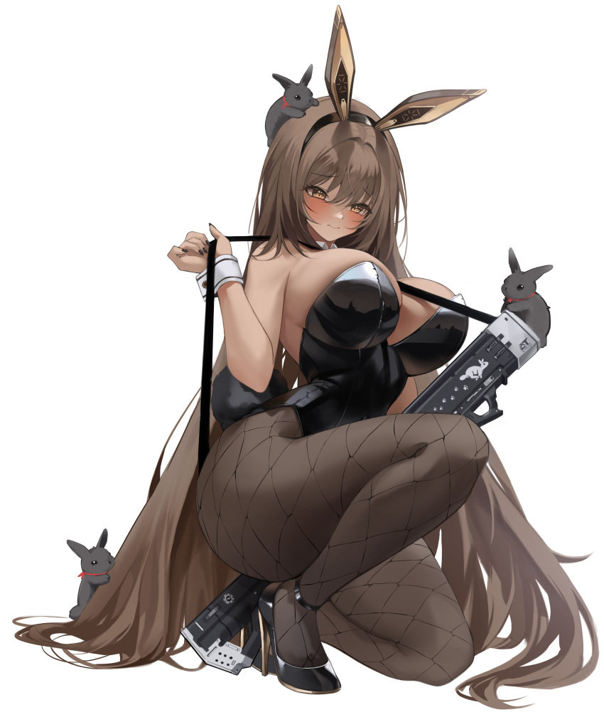 1girl absurdres animal_ears animal_on_head black_footwear black_leotard breasts brown_eyes brown_hair commentary_request dark-skinned_female dark_skin detached_collar fake_animal_ears fake_tail fishnet_pantyhose fishnets full_body goddess_of_victory:_nikke haku_(liiixixixiii) high_heels highres korean_commentary large_breasts leotard long_hair looking_down noir_(nikke) on_head on_one_knee over_shoulder pantyhose playboy_bunny rabbit rabbit_ears rabbit_tail simple_background solo strapless strapless_leotard tail very_long_hair weapon weapon_over_shoulder weapon_request white_background white_wrist_cuffs wrist_cuffs