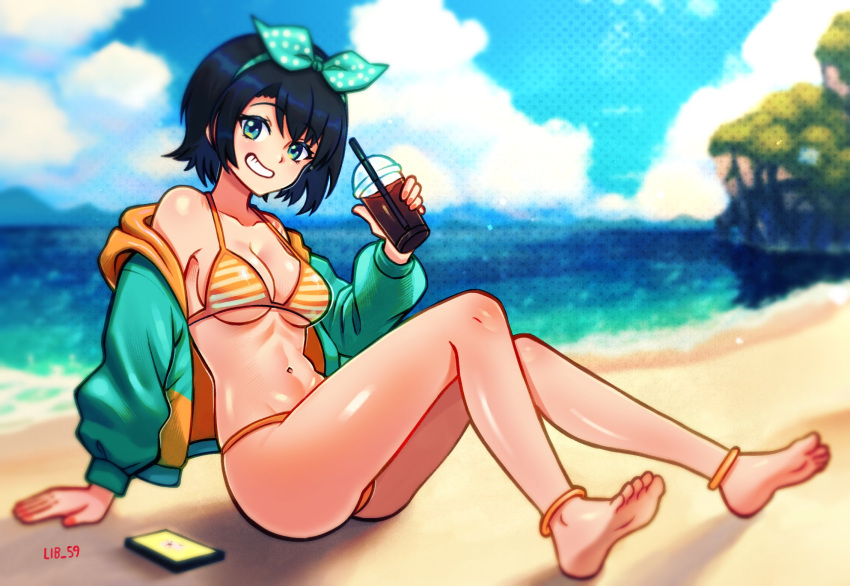 1girl artist_name barefoot beach bikini black_hair blue_eyes breasts cellphone cup full_body green_hairband green_jacket hairband highres holding holding_cup hololive jacket lib_100 looking_at_viewer medium_breasts on_ground oozora_subaru open_clothes open_jacket orange_bikini outdoors phone polka_dot polka_dot_background polka_dot_hairband short_hair smartphone soles striped_bikini striped_clothes summer swimsuit