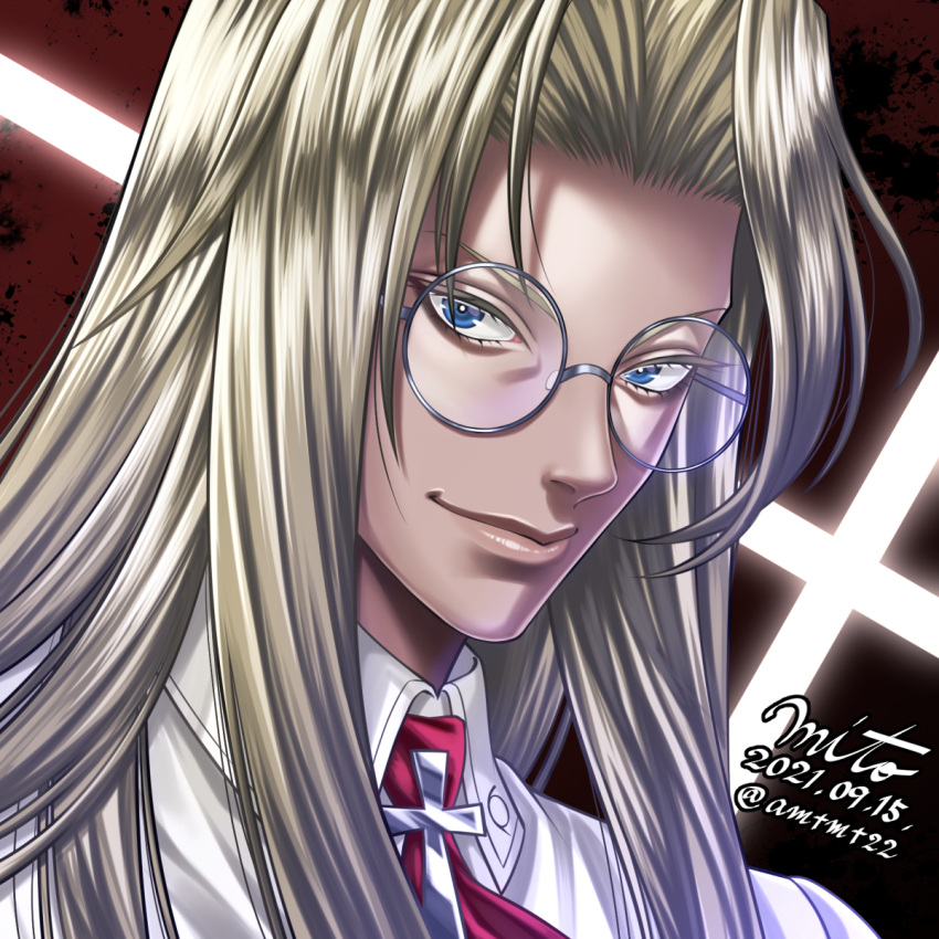 1girl androgynous blonde_hair blue_eyes commentary dark-skinned_female dark_skin dated glasses hellsing highres integra_hellsing mito_amatsu portrait round_eyewear signature smile solo twitter_username