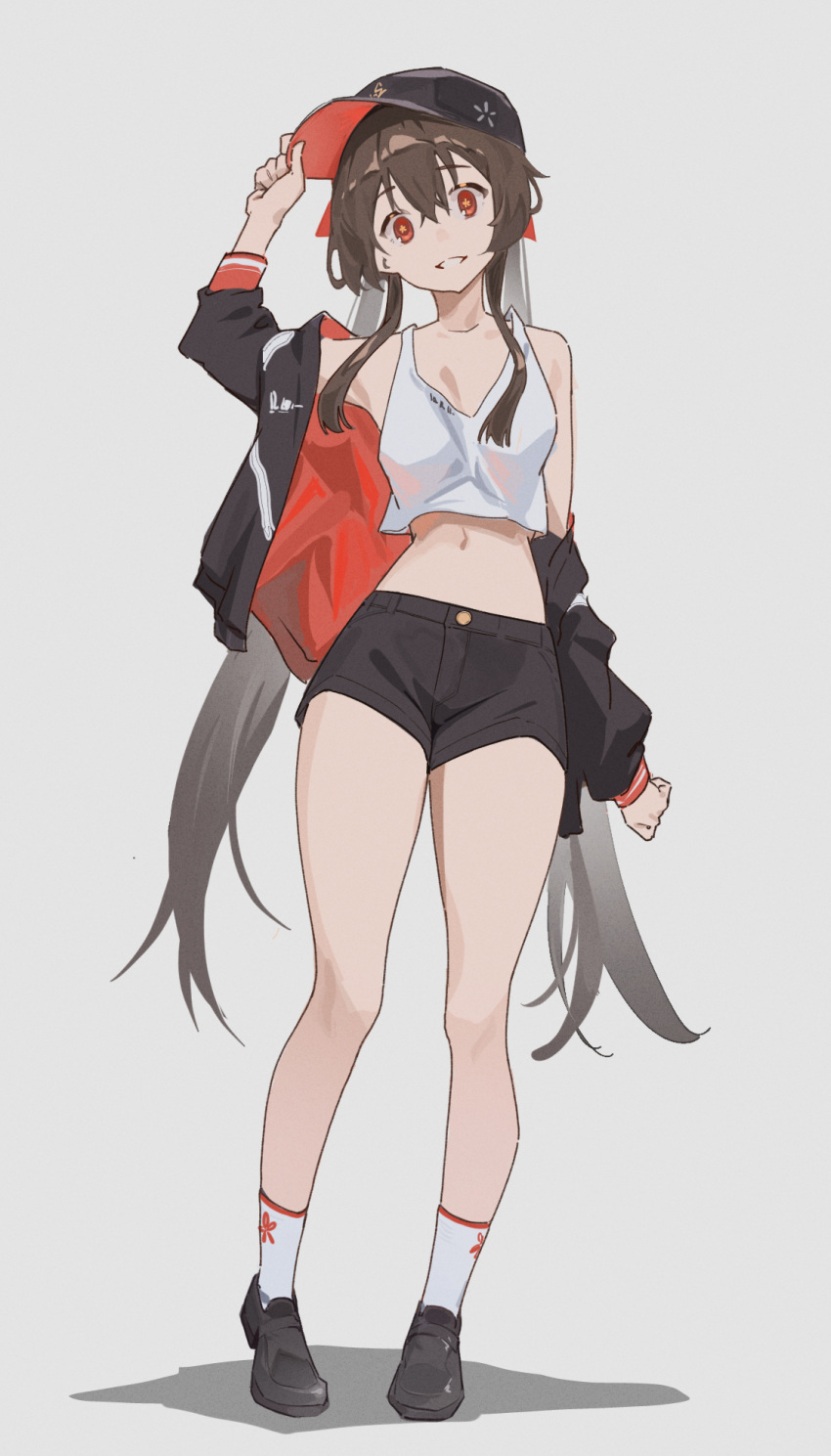 1girl alternate_costume baseball_cap black_footwear black_jacket black_shorts brown_hair clenched_teeth crop_top flower-shaped_pupils full_body genshin_impact grey_background hat highres holding holding_clothes holding_hat hu_tao_(genshin_impact) jacket long_hair looking_at_viewer lycsakd midriff navel off_shoulder open_mouth red_eyes red_jacket shirt shoes short_shorts shorts simple_background socks solo stomach symbol-shaped_pupils tank_top teeth twintails two-sided_fabric two-sided_jacket white_shirt white_socks white_tank_top