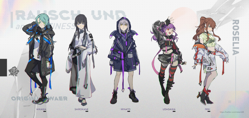 5girls absurdres bang_dream! black_bra black_coat black_footwear black_gloves black_hair black_jacket black_pants black_skirt black_thighhighs blue_hair boots bra brown_hair chromatic_aberration closed_mouth coat commentary earrings english_commentary expressionless fang fingerless_gloves full_body gloves green_eyes green_shirt grey_background grey_eyes grey_hair high_heel_boots high_heels highres hikawa_sayo hood hood_up hooded_coat imai_lisa jacket jewelry long_hair long_sleeves looking_at_viewer midriff minato_yukina multiple_girls one_eye_closed open_mouth pants ponytail purple_eyes purple_hair red_eyes red_thighhighs rekari_(rekari628) roselia_(bang_dream!) see-through see-through_shirt shirokane_rinko shirt skirt sleeves_past_fingers sleeves_past_wrists smile striped_clothes striped_thighhighs thighhighs twitter_username udagawa_ako underwear white_coat white_jacket white_shirt white_skirt yellow_eyes