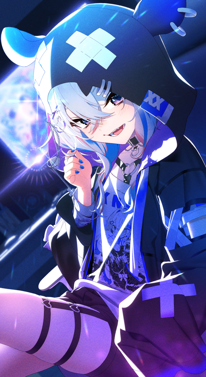 1girl amane_kanata amane_kanata_(punk_rock) bad_kim black_jacket blue_eyes blue_hair blue_nails blurry blush character_print commentary crossed_bangs depth_of_field grey_hair hair_between_eyes hand_in_pocket hand_up heart_o-ring highres hololive hood hood_up hooded_jacket jacket long_hair long_sleeves looking_at_viewer multicolored_hair open_clothes open_jacket open_mouth self_character_print shirt smile solo streaked_hair symbol-only_commentary teeth thigh_strap virtual_youtuber white_shirt