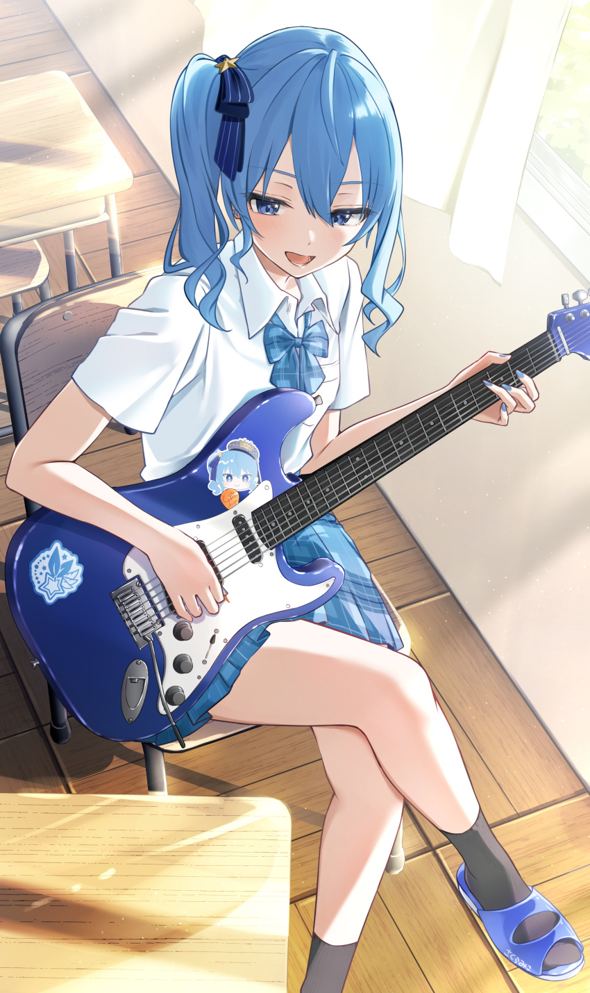 1girl absurdres black_socks blue_eyes blue_hair blue_nails bow bowtie classroom crossed_legs desk electric_guitar from_above guitar hair_between_eyes highres hololive hoshimachi_suisei indoors instrument long_hair nisi_ki_no open_mouth plaid plaid_bow plaid_bowtie plaid_skirt pleated_skirt sandals school_desk school_uniform shirt short_sleeves side_ponytail sidelocks sitting skirt socks sticker virtual_youtuber white_shirt