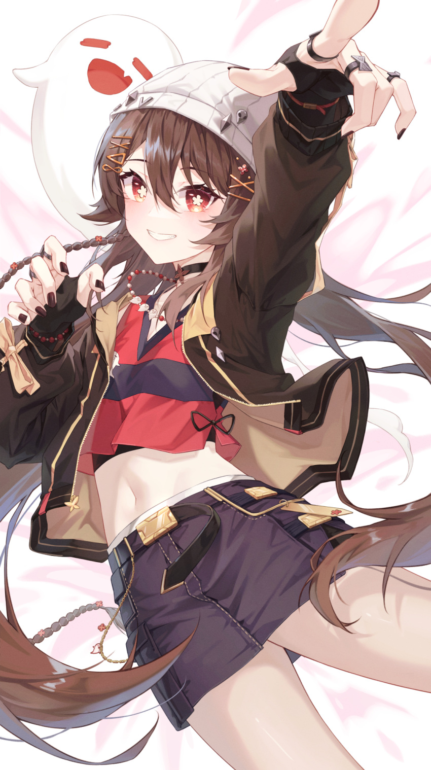 1girl belt black_belt black_choker black_gloves black_jacket black_shorts boo_tao_(genshin_impact) bright_pupils brown_hair choker floating_hair flower-shaped_pupils genshin_impact ghost gloves hair_between_eyes hair_ornament hairclip highres hu_tao_(galaxy_store)_(genshin_impact) hu_tao_(genshin_impact) jacket jewelry knit_hat long_hair mame_(hyeon5117) midriff multiple_rings official_alternate_costume open_clothes open_jacket parted_lips red_eyes ring shorts simple_background smile solo symbol-shaped_pupils white_hat white_pupils