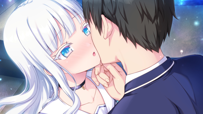 1boy 1girl aikotoba_-silver_snow_sister- any_(trueblue) black_hair blue_eyes blush choker close-up collarbone couple face-to-face game_cg hetero hoshitsugu_kotetsu hoshitsugu_shirone imminent_kiss inseki jacket long_hair looking_at_another non-web_source parted_lips sailor_collar step-siblings white_hair