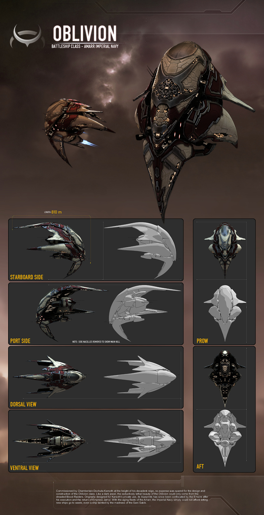 3d absurdres amarr_empire_(eve_online) astepintooblivion battleship_(eve_online) brown_theme cloud commentary concept_art emblem english_text eve_online flying from_side glowing highres imperial_navy_(eve_online) military_vehicle multiple_views navy_faction_(eve_online) nebula no_humans original outdoors pirate_faction_(eve_online) realistic reference_sheet science_fiction sky space spacecraft star_(sky) starry_sky thrusters vehicle_focus