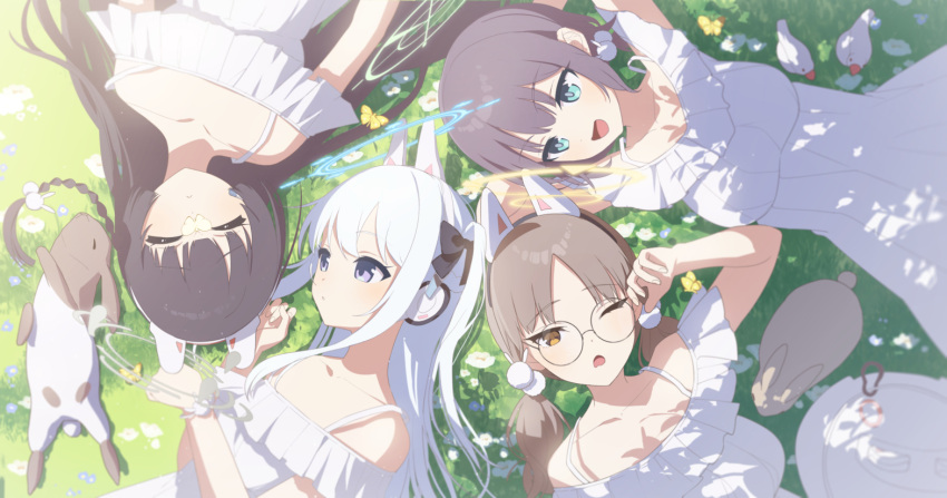4girls animal_ears bird black_hair blue_archive breasts brown_hair bug butterfly closed_eyes collarbone dress fake_animal_ears grass halo implied_extra_ears kaerunrun looking_at_another lying medium_breasts miyako_(blue_archive) miyu_(blue_archive) moe_(blue_archive) multiple_girls off-shoulder_dress off_shoulder on_back pom_pom_(clothes) rabbit rabbit_ears rabbit_platoon_(blue_archive) redrawn saki_(blue_archive) white_dress