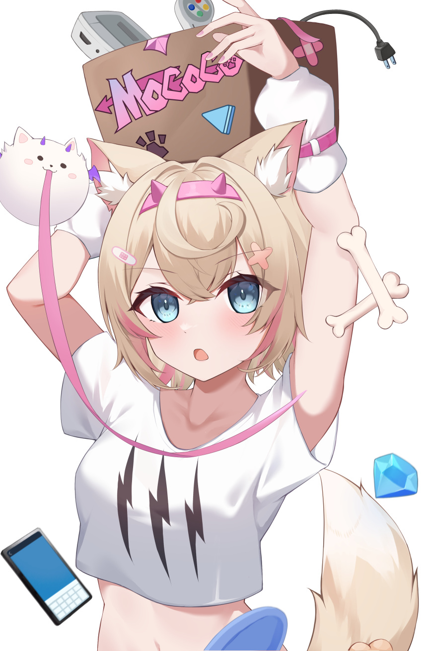 1girl absurdres animal_ears arm_warmers arms_up bandaid bandaid_hair_ornament blonde_hair blue_eyes box breasts cardboard_box carrying_overhead cellphone cet_(hajisirazunoko) character_name commentary_request crop_top cropped_shirt crossed_bangs dog_ears dog_girl dog_tail double-parted_bangs fake_horns game_console hair_between_eyes hair_intakes hair_ornament hairband highres hololive hololive_english horn_hairband horns light_brown_hair looking_at_viewer mococo_abyssgard mococo_abyssgard_(1st_costume) multicolored_hair navel perroccino_(fuwamoco) phone pink_hair pink_hairband shirt short_hair simple_background small_breasts smartphone solo streaked_hair super_famicom t-shirt tail virtual_youtuber white_background white_shirt x_hair_ornament