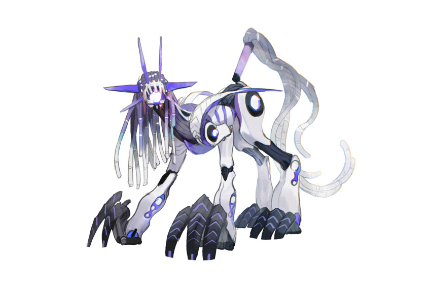 animal_focus full_body highres kamikiririp mechanical_legs mechanical_parts monster multicolored_hair no_humans original purple_hair robot solo standing white_background white_hair white_tail