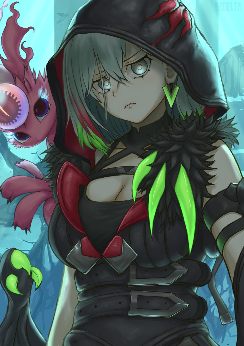 1girl absurdres breasts cleavage colored_tips detached_sleeves diabellstar_the_black_witch duel_monster earrings green_eyes highres hood hood_up jewelry large_breasts magenta mask medium_hair multicolored_hair pale_skin single_earring snake-eyes_poplar solo upper_body yu-gi-oh!