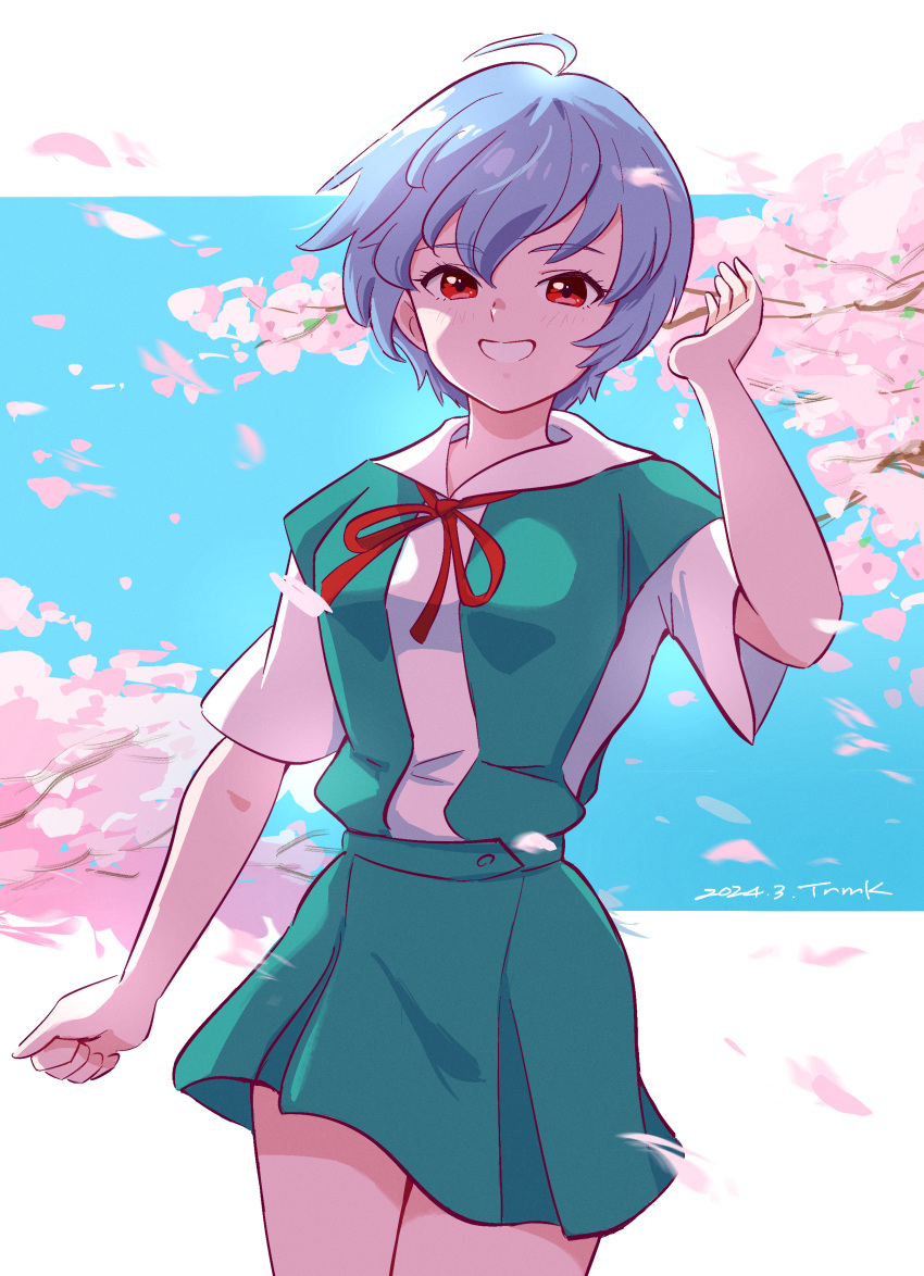 1girl absurdres ahoge artist_name ayanami_rei blue_background blue_hair blue_sky border bow bowtie branch breasts cherry_blossoms clenched_hand collared_shirt commentary cowboy_shot dated day dress_shirt falling_petals green_skirt grin hair_between_eyes hand_up highres letterboxed looking_at_viewer medium_breasts neck_ribbon neon_genesis_evangelion outdoors outside_border parted_lips petals pink_petals red_bow red_bowtie red_eyes red_ribbon ribbon school_uniform shirt short_hair short_sleeves signature skirt sky smile solo standing suspender_skirt suspenders tokyo-3_middle_school_uniform tree tsunemoku uniform white_border white_shirt wind