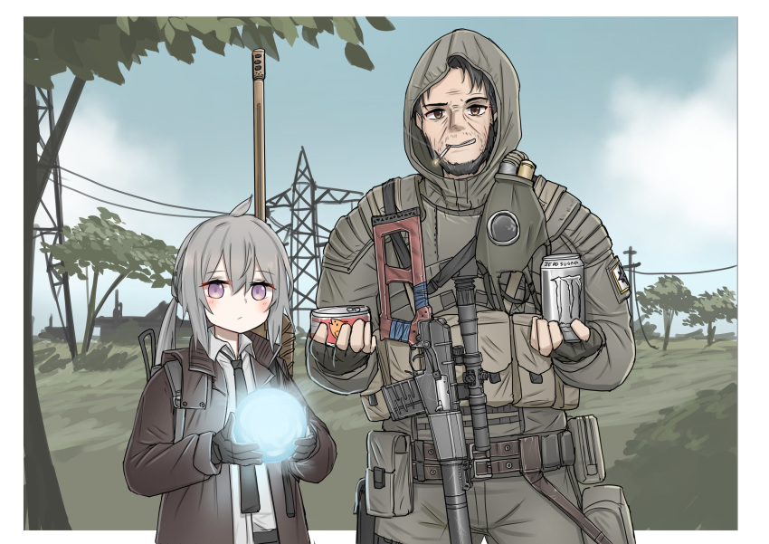 1boy 1girl absurdres ammunition_pouch antenna_hair armor belt black_hair blush border canned_tuna cigarette collared_shirt fingerless_gloves forest frown gas_mask girls'_frontline gloves glowing gun highres hood looking_at_viewer m200_(girls'_frontline) mask monster_energy nature necktie orange_eyes patch pouch power_lines purple_eyes rifle ruins shirt smile smoking sniper_rifle srtdrawart stalker_(game) vss_vintorez weapon white_border white_hair white_shirt