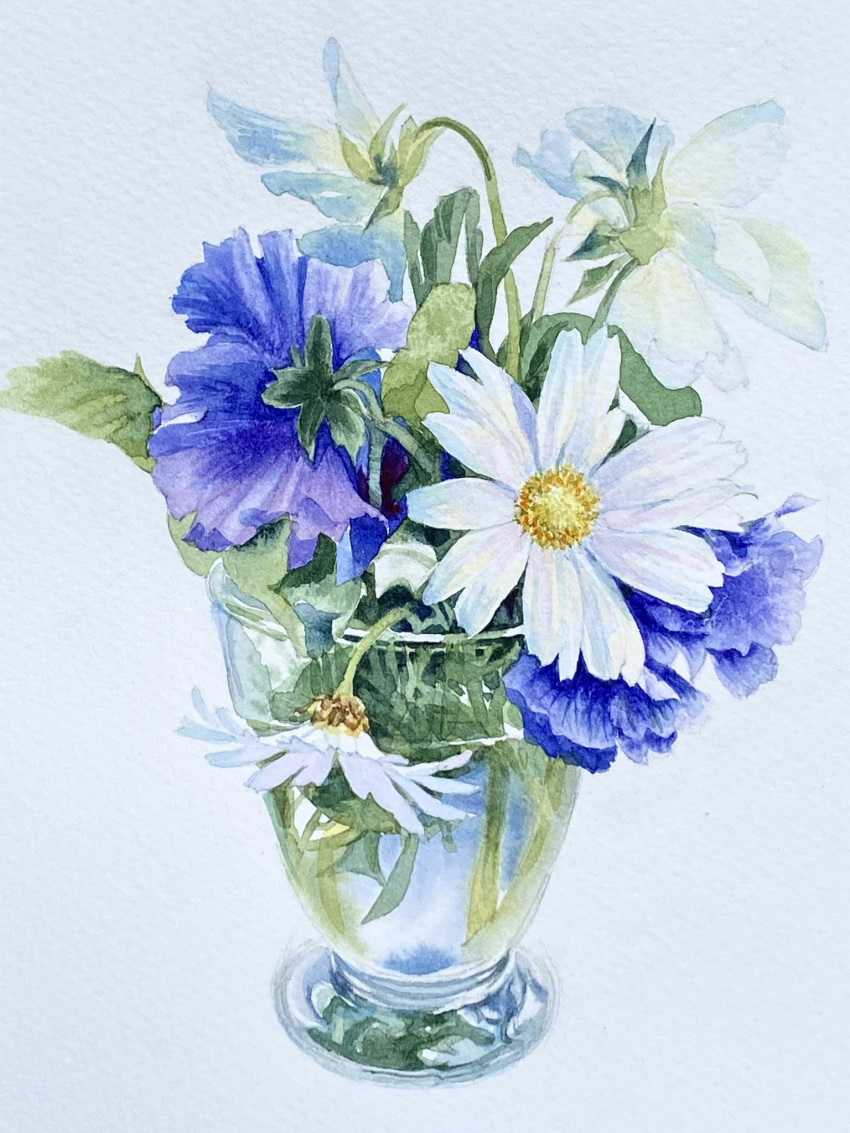 blue_theme flower highres no_humans original painting_(medium) plant purple_flower still_life traditional_media vase water watercolor_(medium) white_flower yu_grassbird