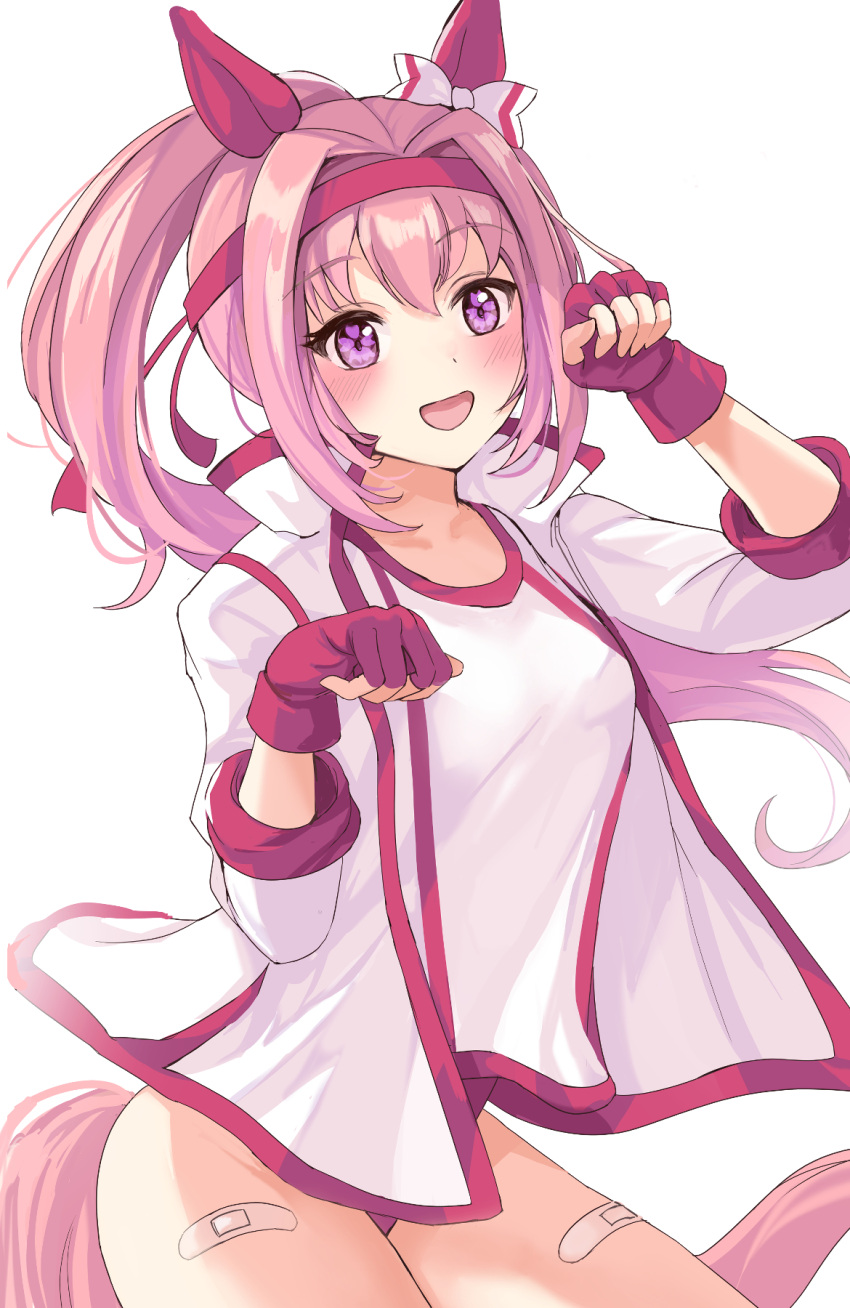 1girl animal_ears bandaid fingerless_gloves gloves hanamura_pink haru_urara_(umamusume) high_ponytail highres horse_ears horse_girl horse_tail long_sleeves looking_at_viewer open_clothes open_mouth pink_hair puffy_long_sleeves puffy_sleeves purple_eyes red_gloves simple_background smile solo tail umamusume white_background