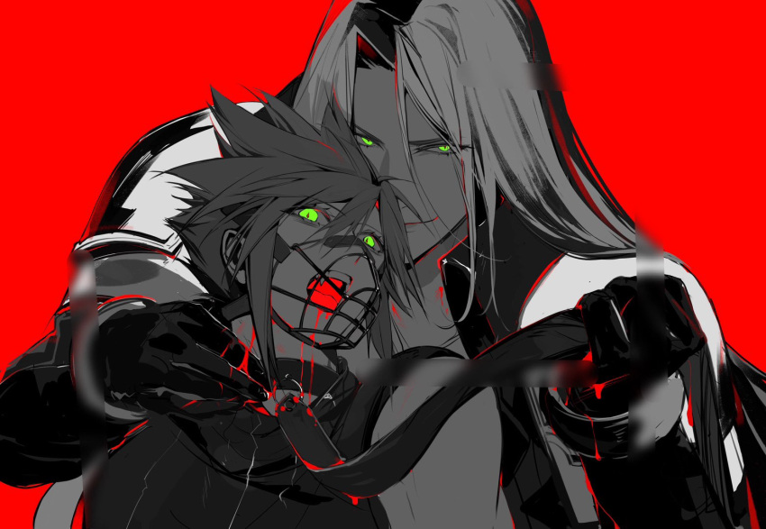 2boys armor black_gloves blood blood_from_mouth blood_on_clothes blood_on_face cloud_strife collar eyelashes fang final_fantasy final_fantasy_vii final_fantasy_vii_remake fui_(fui29493452) gloves glowing glowing_eyes green_eyes holding holding_leash leash leash_pull long_hair male_focus multiple_boys muzzle open_mouth red_background sephiroth shoulder_armor sleeveless sleeveless_turtleneck slit_pupils smirk spiked_hair turtleneck yaoi