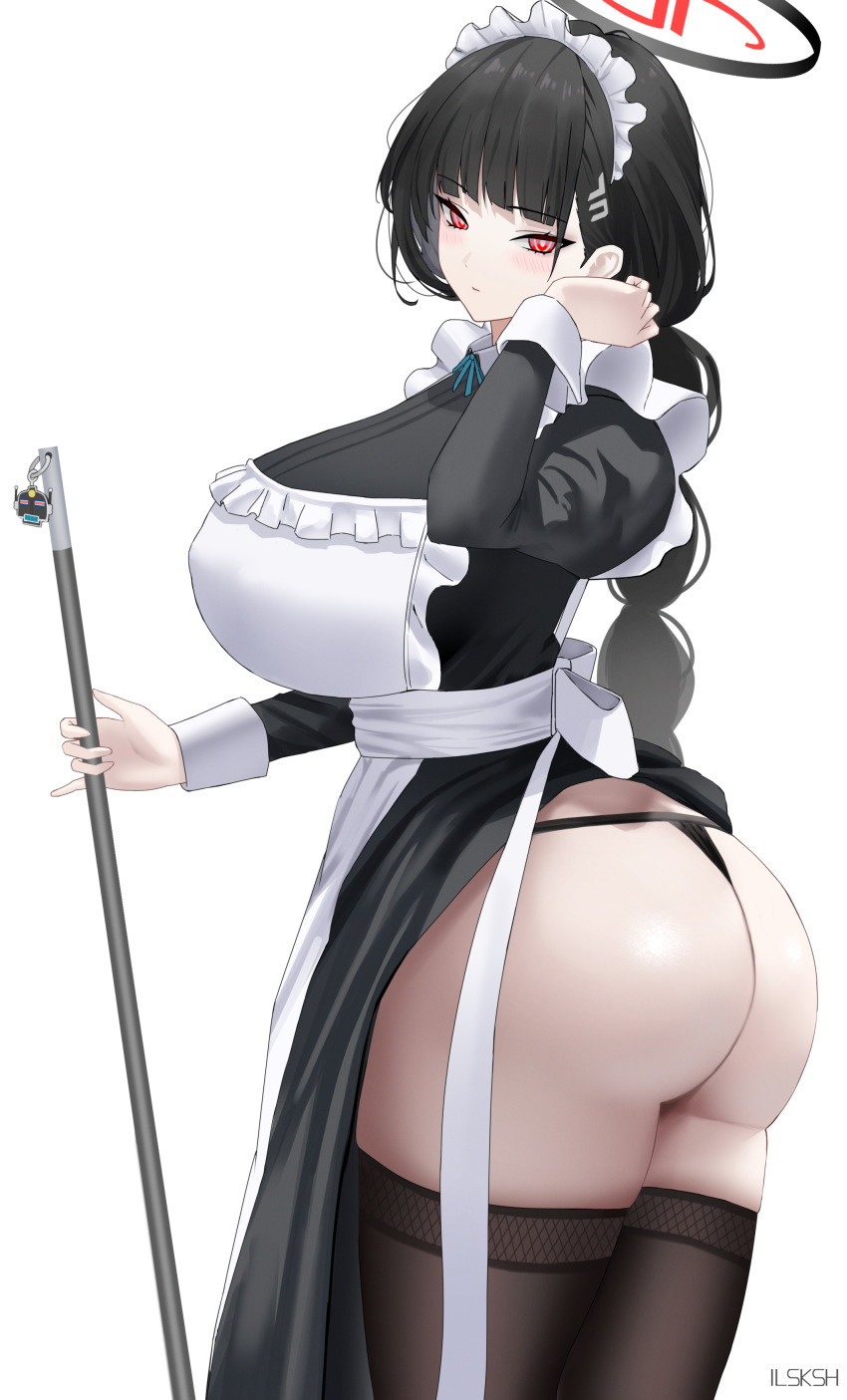 1girl absurdres alternate_costume apron artist_name ass avant_garde_(blue_archive) black_dress black_hair black_halo black_panties black_thighhighs blue_archive blush breasts closed_mouth dress from_side hair_ornament hairclip halo highres holding holding_staff huge_ass huge_breasts ilsksh juliet_sleeves long_hair long_sleeves looking_at_viewer low-braided_long_hair low-tied_long_hair maid_apron maid_headdress panties puffy_sleeves red_eyes rio_(blue_archive) solo staff thighhighs thighs underwear white_apron
