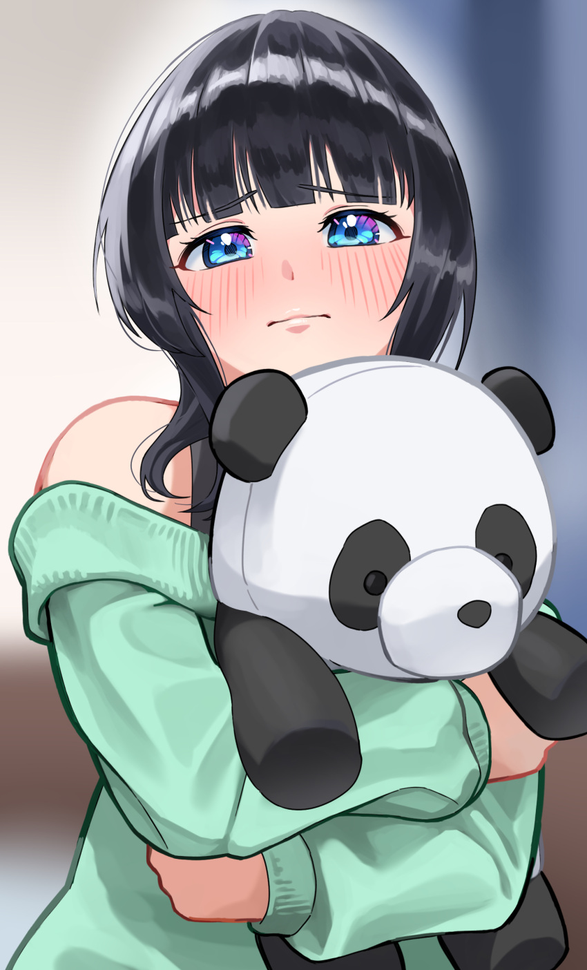 1girl asaka_karin black_hair blue_eyes blunt_bangs blurry blurry_background blush closed_mouth commentary_request furrowed_brow green_sweater highres holding holding_stuffed_toy hugging_doll hugging_object indoors long_sleeves looking_at_viewer love_live! love_live!_nijigasaki_high_school_idol_club medium_hair off_shoulder solo stuffed_animal stuffed_panda stuffed_toy sweater tanaka_yaku upper_body