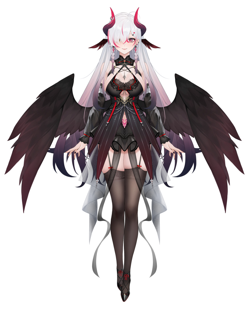 absurdres black_dress black_thighhighs black_wings breasts closed_mouth dress full_body garter_straps hair_over_one_eye highres kamisaki_rina large_breasts long_hair official_art pubic_tattoo purple_eyes stardust_project tattoo thighhighs virtual_youtuber white_hair wings