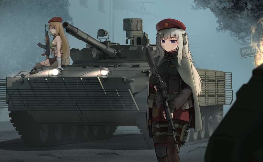 2girls absurdres ak-47 ak-47_(girls'_frontline) ak-74m ak74m_(girls'_frontline) akm armored_vehicle assault_rifle beret black_gloves black_thighhighs blonde_hair blue_eyes brown_shorts cloak combat_knife commission ear_protection expressionless fingerless_gloves fire fog girls'_frontline gloves gun hat highres holding holding_gun holding_weapon kalashnikov_rifle knee_pads knife long_hair looking_at_viewer multiple_girls outdoors ovvvgog13235 pouch purple_eyes rifle sheath sheathed shorts single_knee_pad sitting thighhighs vehicle_request weapon white_gloves white_hair