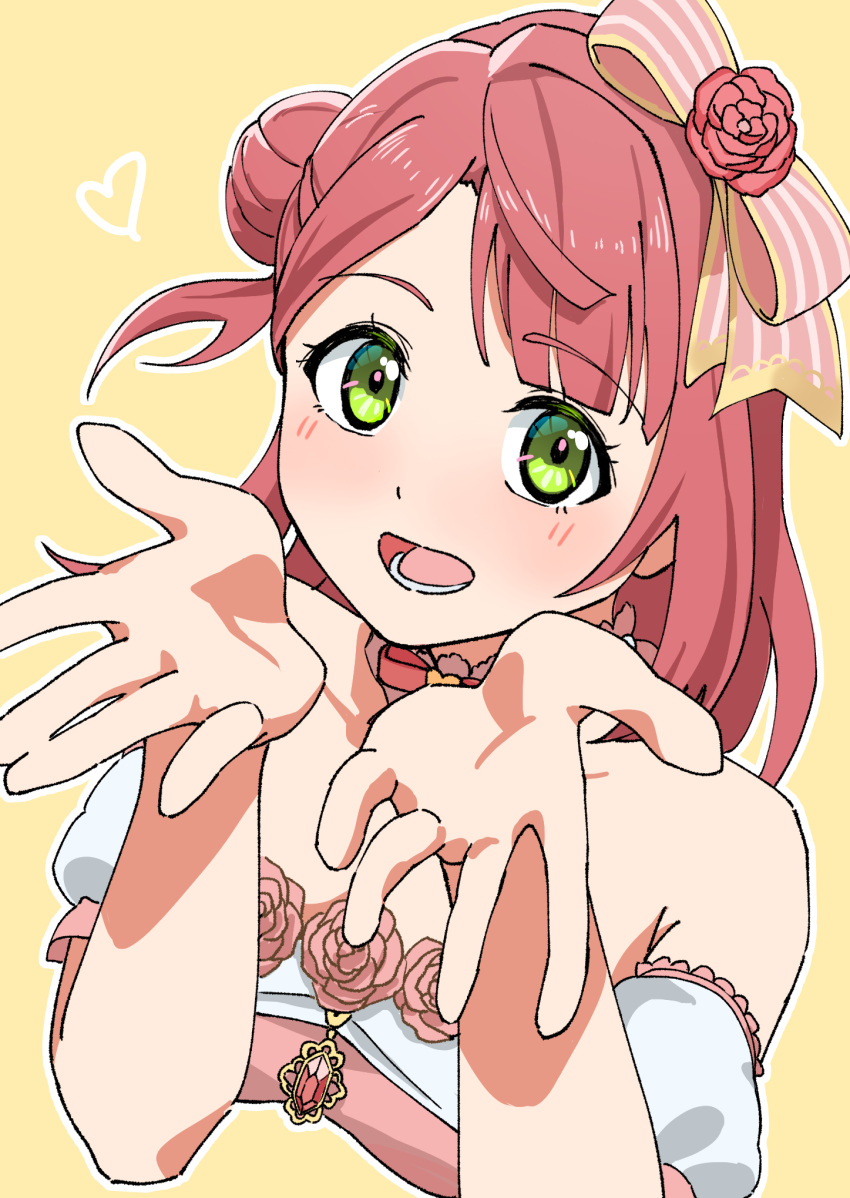 1girl bare_shoulders blush bow collarbone commentary_request cropped_torso detached_sleeves green_eyes hair_bow hair_bun highres jewelry looking_at_viewer love_live! love_live!_nijigasaki_high_school_idol_club lower_teeth_only open_mouth pink_hair puffy_detached_sleeves puffy_sleeves short_hair single_side_bun solo tanaka_yaku teeth uehara_ayumu upper_body yellow_background yume_e_no_ippo