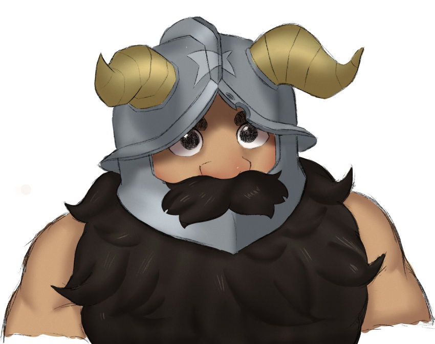 1boy bara beard brown_hair cropped_shoulders dark-skinned_male dark_skin dungeon_meshi dwarf facial_hair fake_horns ginger_al3x helmet highres horned_helmet horns long_beard looking_ahead male_focus senshi_(dungeon_meshi) solo tareme thick_eyebrows thick_mustache very_long_beard