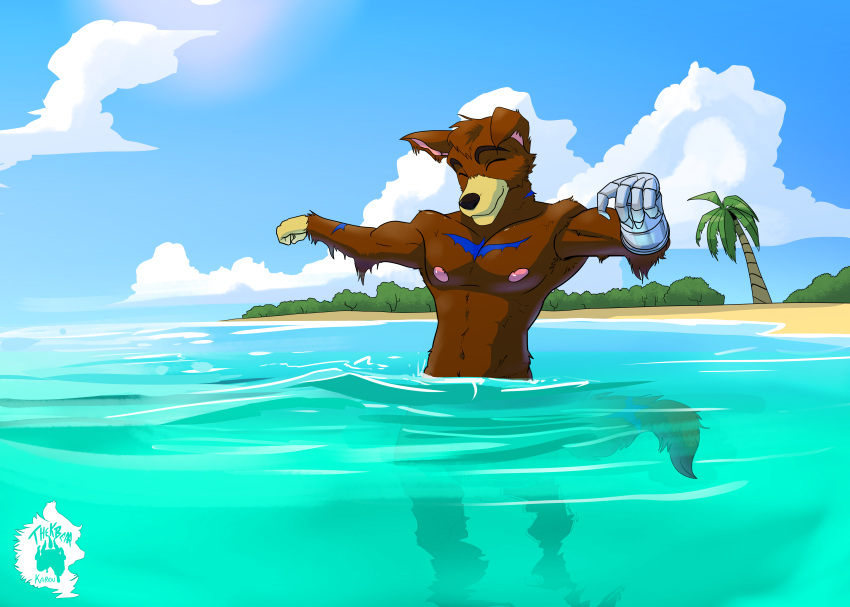 absurd_res anthro beach canid canine canis domestic_dog eyes_closed gayporn hi_res invalid_tag male male/male male_anthro mammal nipples nsfw outside prosthetic prosthetic_arm prosthetic_limb sea smile swimming thekinkybear water