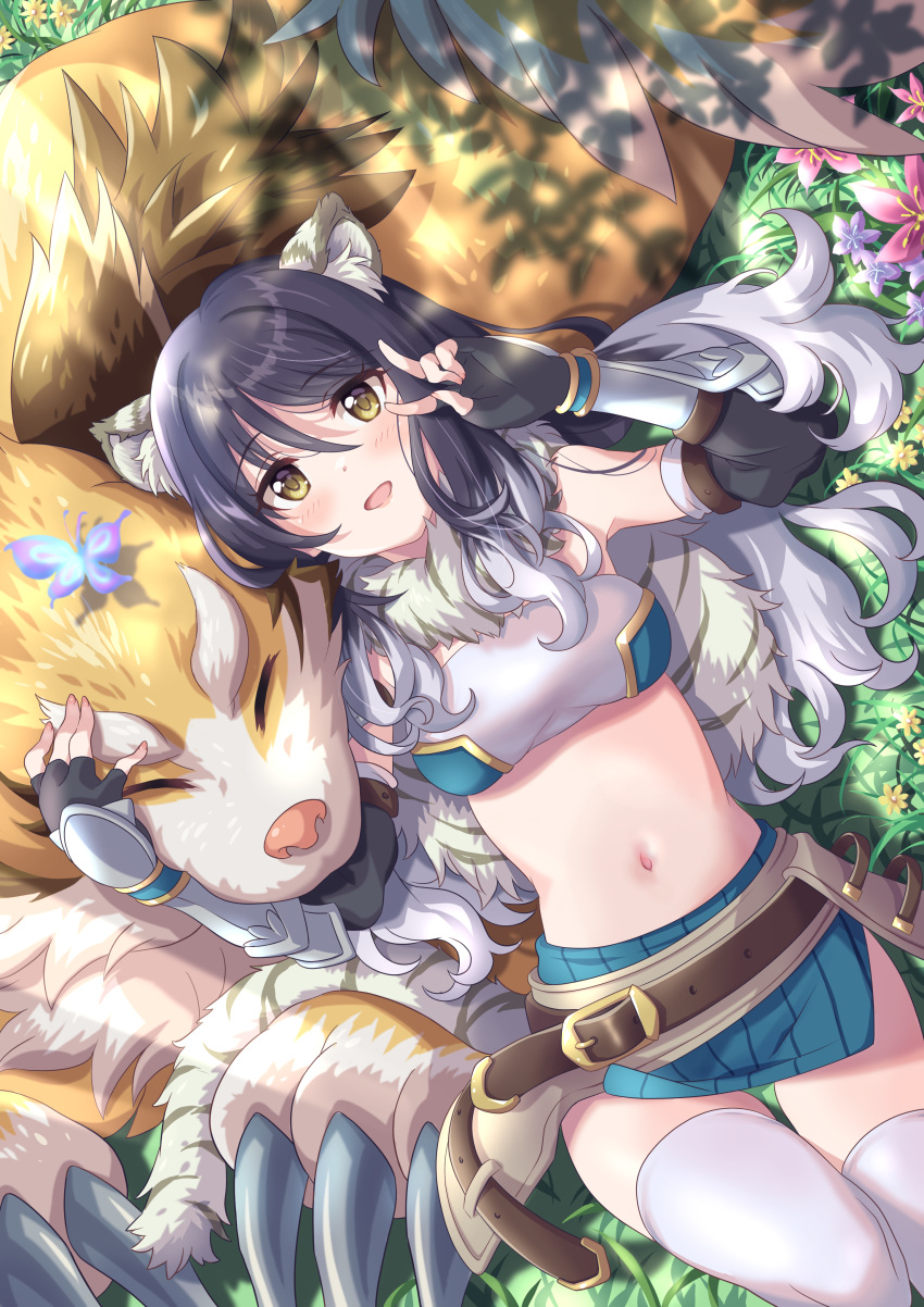 absurdres animal_ear_fluff animal_ears bandeau bug butterfly capelet fur_capelet gradient_hair hair_between_eyes highres midriff multicolored_hair navel princess_connect! shiori_(princess_connect!) striped_tail tail tiger_ears tiger_girl tiger_tail tsukachii v yellow_eyes