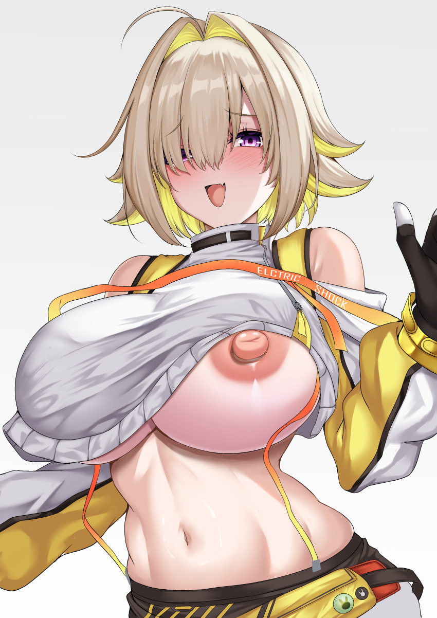 1girl absurdres ahoge bare_shoulders black_gloves blonde_hair blush colored_inner_hair commentary_request crop_top detached_sleeves elegg_(nikke) fang gloves goddess_of_victory:_nikke green_hair hair_intakes hair_over_one_eye highres long_sleeves looking_at_viewer multicolored_hair navel nipples nose_blush one_breast_out open_mouth parapetto parted_bangs puffy_long_sleeves puffy_nipples puffy_sleeves purple_eyes shirt short_hair simple_background skin_fang smile solo stomach streaked_hair upper_body white_background white_shirt