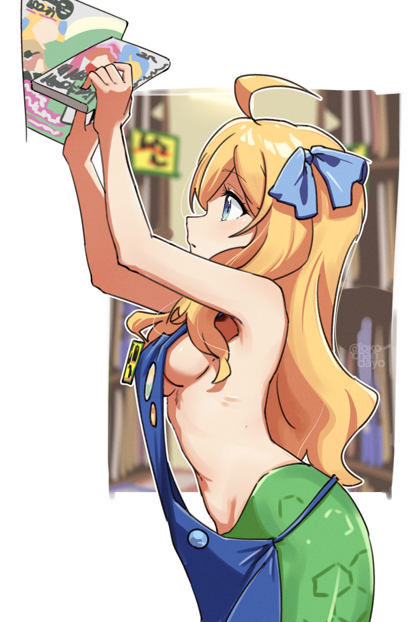 1girl absurdres ahoge apron blonde_hair blue_apron bow breasts from_side hair_bow highres jashin-chan jashin-chan_dropkick lamia long_hair manga_(object) monster_girl naked_apron navel profile rokochandayo small_breasts solo upper_body