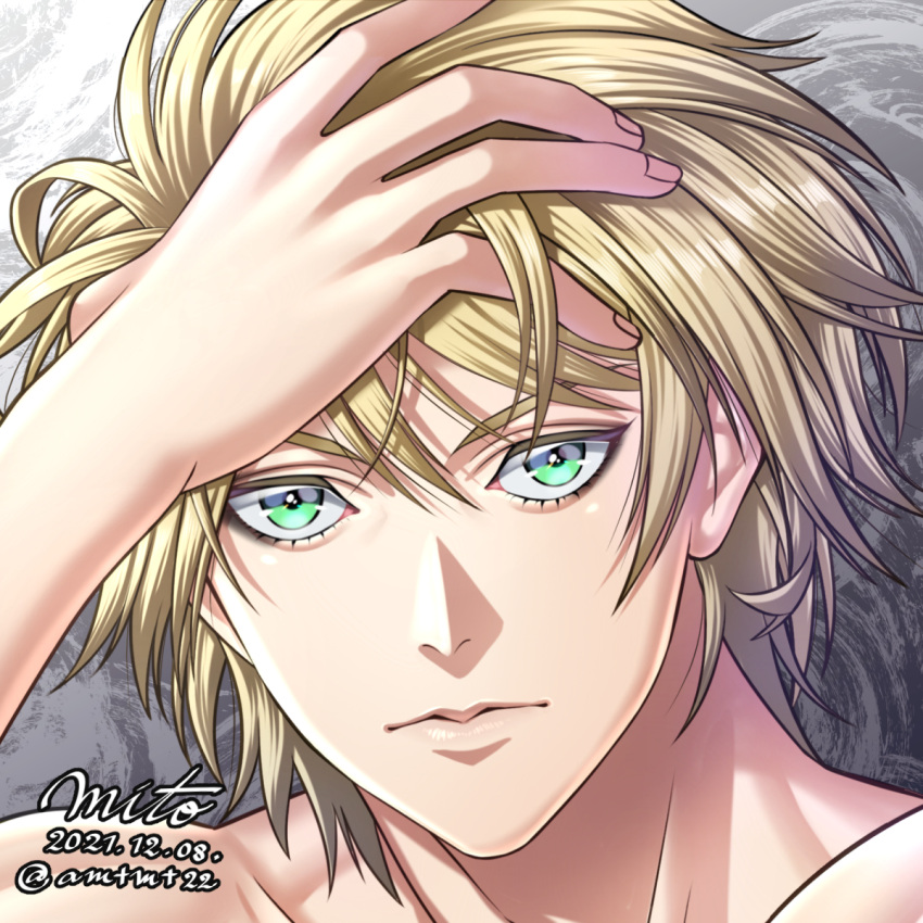 1boy bare_shoulders bishounen blonde_hair close-up commentary dated eyebrows_hidden_by_hair green_eyes hand_in_own_hair hand_on_own_head highres imai_cosmo kengan_(series) kengan_ashura male_focus mito_amatsu nude portrait signature solo twitter_username