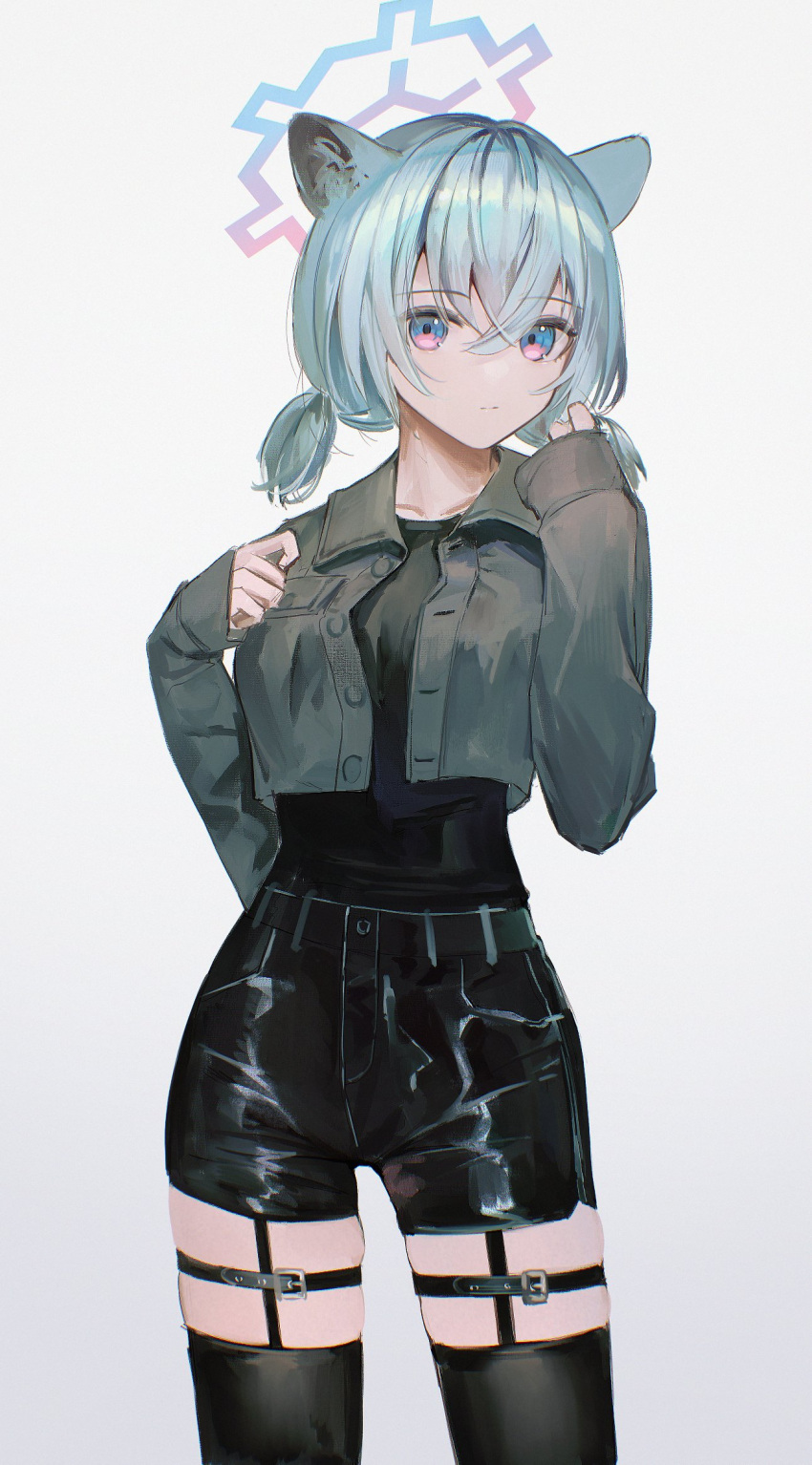 1girl animal_ears black_shirt black_shorts black_thighhighs blue_archive blue_halo breasts closed_mouth collarbone cowboy_shot flippy_(cripine111) gradient_background green_hair grey_jacket hair_between_eyes halo highres jacket long_sleeves looking_at_viewer medium_breasts open_clothes open_jacket purple_eyes shigure_(blue_archive) shirt short_twintails shorts solo thighhighs twintails weasel_ears