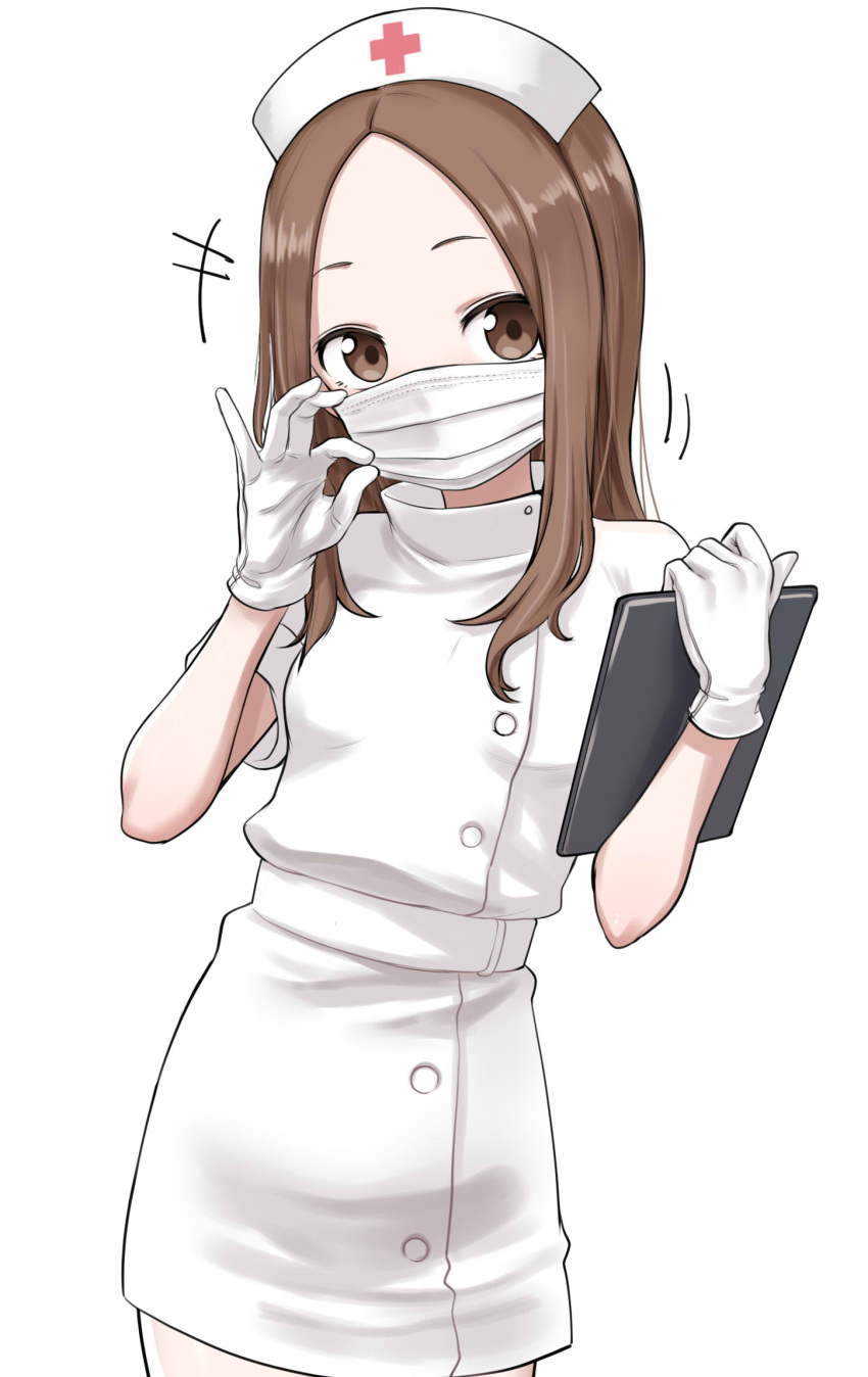 1girl breasts brown_eyes brown_hair commentary gloves hat highres holding karakai_jouzu_no_takagi-san looking_at_viewer mask medium_hair mouth_mask note2000 nurse nurse_cap simple_background small_breasts solo takagi-san white_background white_gloves white_hat white_mask