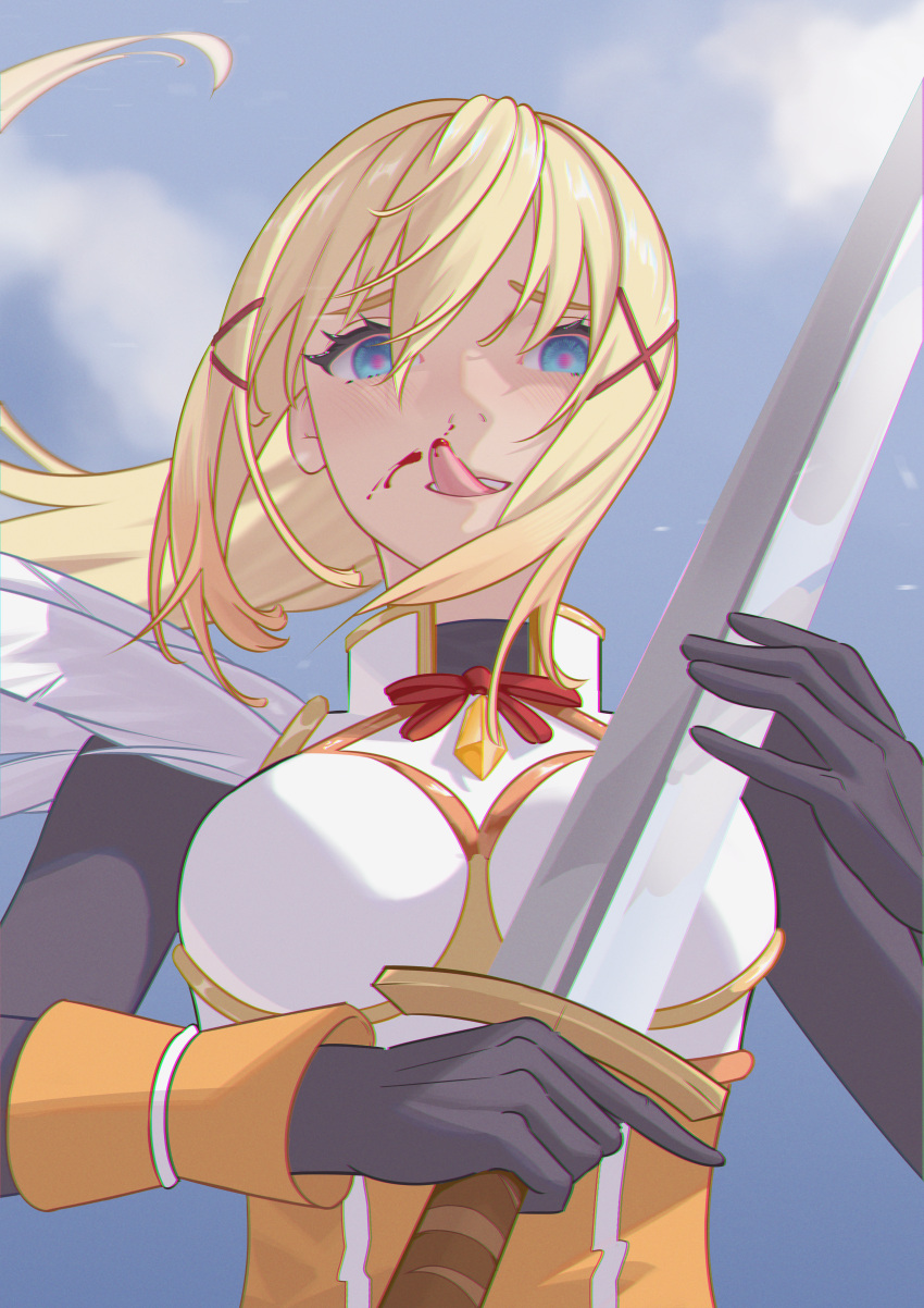 1girl absurdres armor blonde_hair blood blood_on_face blue_eyes breastplate darkness_(konosuba) hair_ornament highres holding holding_sword holding_weapon kono_subarashii_sekai_ni_shukufuku_wo! licking_blood long_hair looking_at_viewer nosebleed shoulder_armor sky solo sword tongue tongue_out upper_body weapon x_hair_ornament ynnk_lc