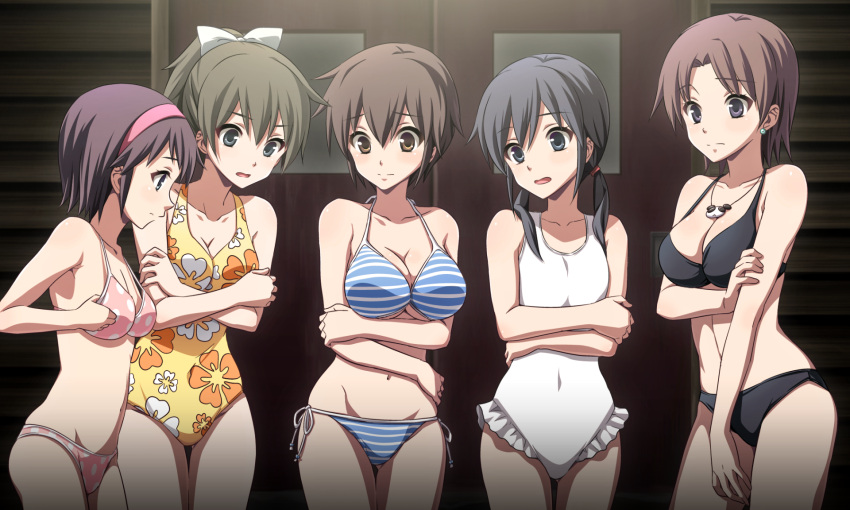 5girls bikini black_bikini breasts brown_eyes brown_hair casual_one-piece_swimsuit cleavage corpse_party earrings game_cg hair_ornament hair_ribbon hairband highres jewelry kirisaki_touko large_breasts medium_breasts mochida_yuka multiple_girls nakashima_naomi navel necklace non-web_source one-piece_swimsuit open_mouth oversized_clothes ribbon shinozaki_ayumi shishido_yui short_hair short_twintails side-tie_bikini_bottom small_breasts striped_bikini striped_clothes swimsuit twintails underboob white_ribbon