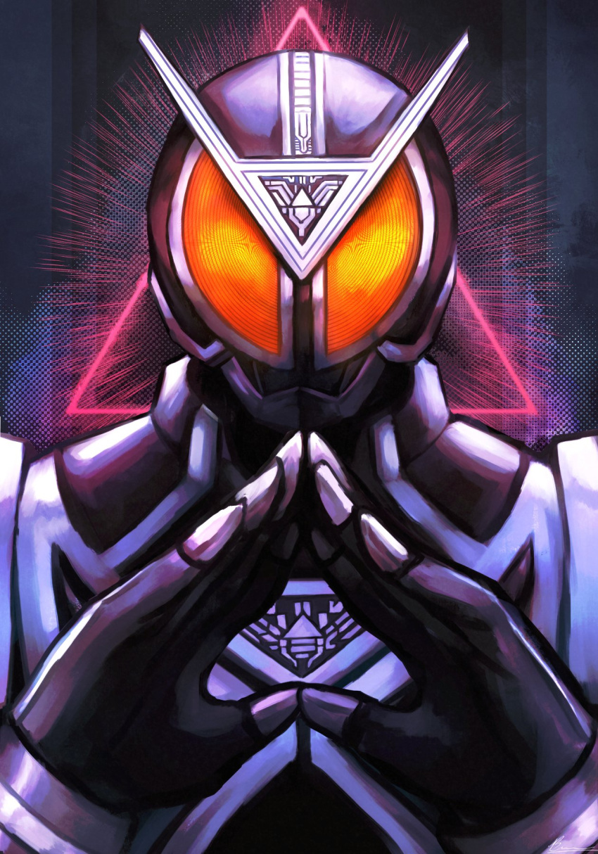 1boy antennae armor belt black_armor burmeoburmeo commentary_request english_commentary fire glowing glowing_eyes helmet highres kamen_rider kamen_rider_555 kamen_rider_delta looking_at_viewer male_focus orange_eyes photoshop_(medium) solo triangle upper_body