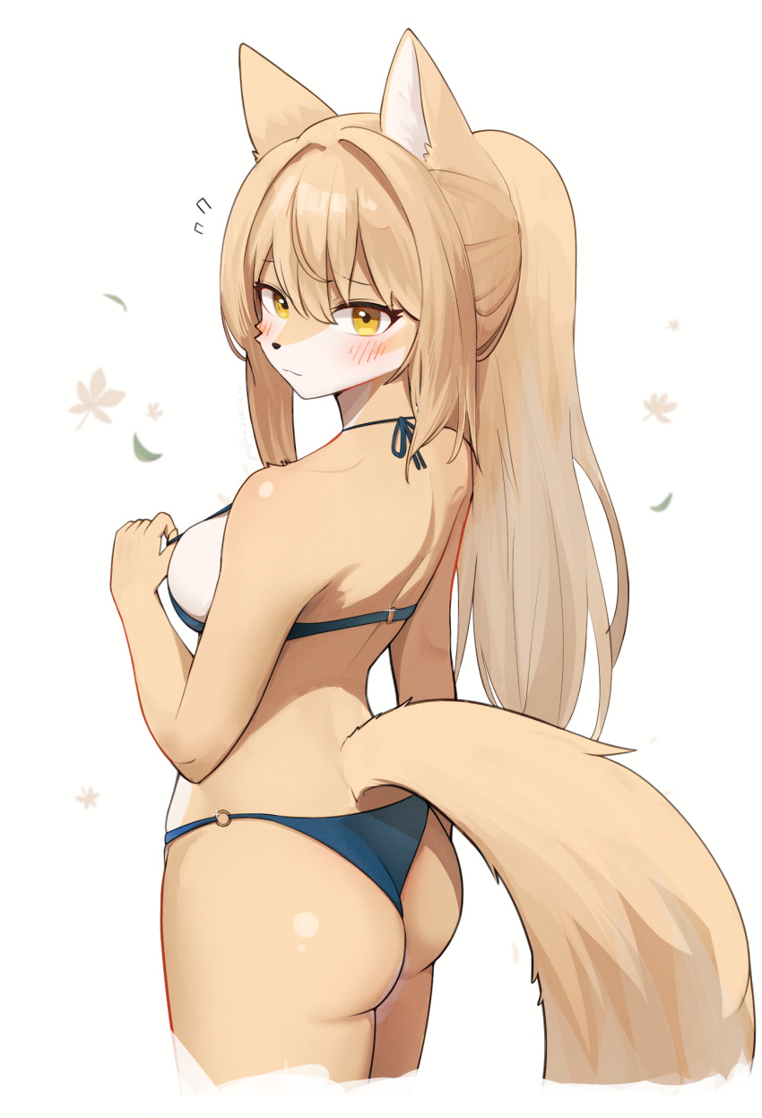 animal_ears ass back bikini blonde_hair blue_bikini blush breasts closed_mouth fox_ears fox_girl fox_tail furry furry_female highres jeifier_(character) jeifier_(korfiorano01) long_hair medium_breasts original ponytail swimsuit tail yellow_eyes yellow_fur yellow_tail