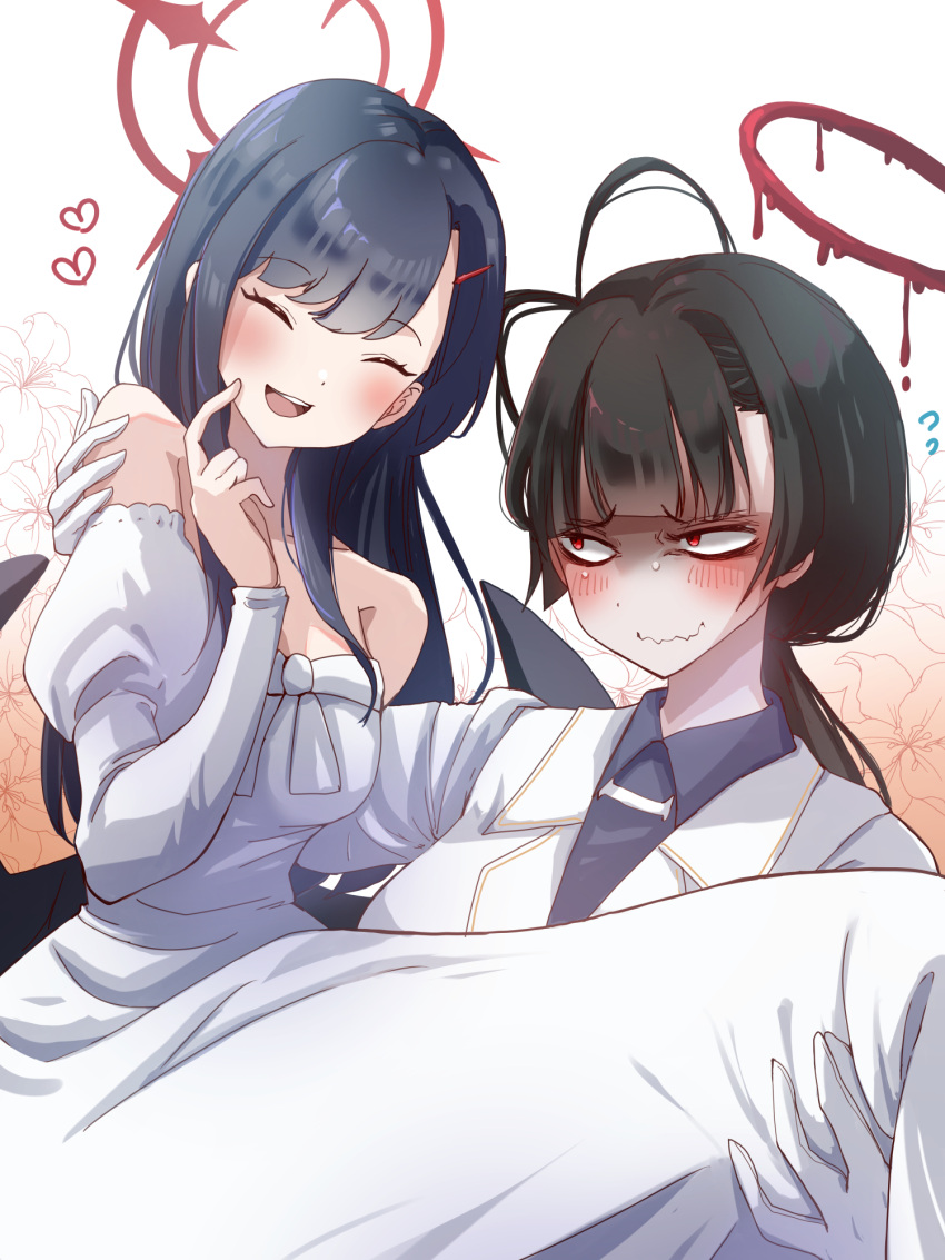 2girls antenna_hair bags_under_eyes black_hair black_wings blue_archive blush closed_eyes closed_mouth collared_shirt dress feathered_wings gloves grey_shirt hair_ornament hairclip halo heart highres ichika_(blue_archive) juliet_sleeves komena_(shinyday312) long_hair long_sleeves multiple_girls official_alternate_costume open_mouth puffy_sleeves red_eyes red_halo shirt smile tsurugi_(blue_archive) wavy_mouth white_dress white_gloves wings