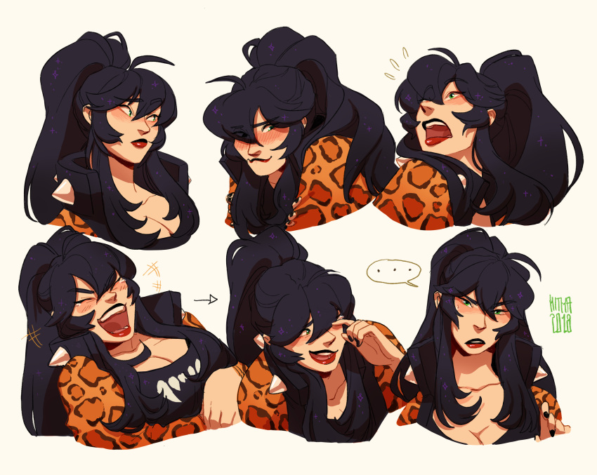 +++ ... 1girl 2018 absurdres ahoge artist_name black_collar black_hair black_shirt blush breasts cheetah_print cleavage closed_eyes closed_mouth collar collarbone collared_jacket commentary english_commentary frown green_eyes high_collar high_ponytail highres jacket kitkaloid large_breasts laughing light_blush lipstick long_hair long_sleeves makeup multiple_views notice_lines open_clothes open_jacket open_mouth original red_lips shirt sidelocks simple_background smile speech_bubble spiked_collar spikes tearing_up tears teeth upper_teeth_only watermark white_background wiping_tears yellow_jacket yellow_sleeves