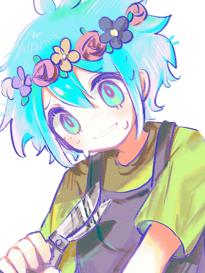 1boy antenna_hair aqua_eyes aqua_hair basil_(headspace)_(omori) basil_(omori) black_flower black_overalls child flower gardening_shears green_shirt grin hair_between_eyes head_wreath highres holding kingguzi looking_at_object nervous omori overalls pink_flower pink_rose purple_flower red_flower red_rose rose shears shirt short_hair short_sleeves smile solo sweat upper_body white_background yellow_flower