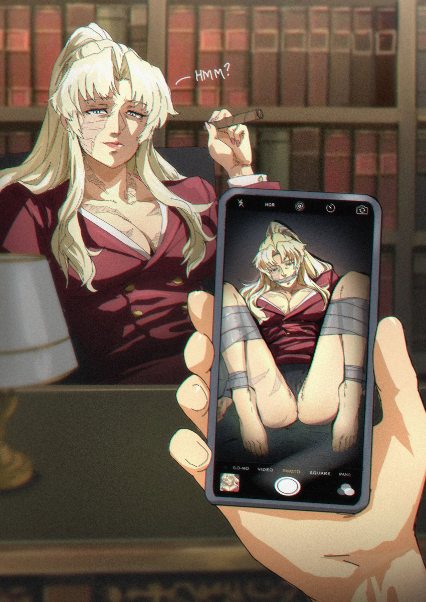 1girl argent_moon balalaika_(black_lagoon) bdsm black_lagoon blonde_hair blue_eyes bondage bound breasts cellphone cigar formal gag highres holding holding_cigar improvised_gag jacket large_breasts looking_at_viewer phone pov red_jacket scar scar_on_breasts scar_on_face scar_on_neck shirt smartphone tape tape_gag thighs white_shirt