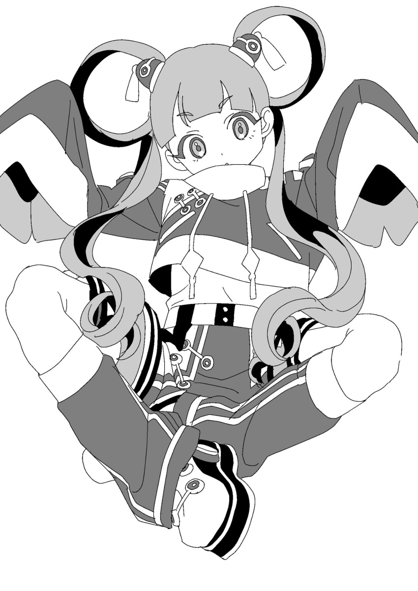1girl anchiki_shou archived_source bad_id bad_twitter_id blunt_bangs closed_mouth cropped_jacket drawstring full_body greyscale hair_ornament hair_rings highres kiratto_pri_chan leg_warmers long_hair looking_at_viewer melpan_(pri_chan) monochrome pretty_series shoes simple_background sitting sleeves_past_fingers sleeves_past_wrists solo tassel twintails white_background wide_sleeves