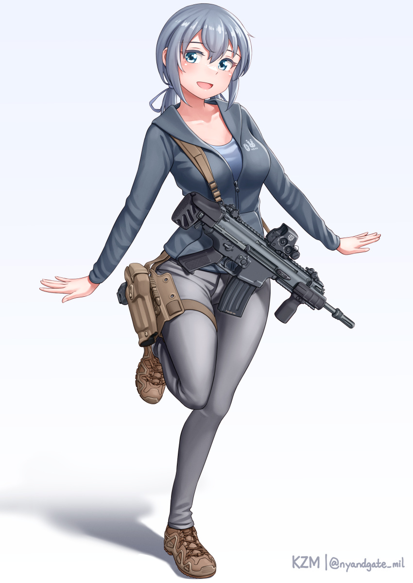 1girl absurdres artist_name assault_rifle blue_eyes blue_shirt brown_footwear commentary_request fn_scar full_body gradient_background grey_hair grey_hoodie grey_pants gun hair_tie highres holster holstered hood hood_down hoodie kzm_(sub-moa_works) leg_up long_sleeves looking_at_viewer low_twintails medium_hair open_mouth original pants partial_commentary partially_unzipped rifle shadow shirt shoes smile sneakers solo standing standing_on_one_leg thigh_holster twintails twitter_username weapon