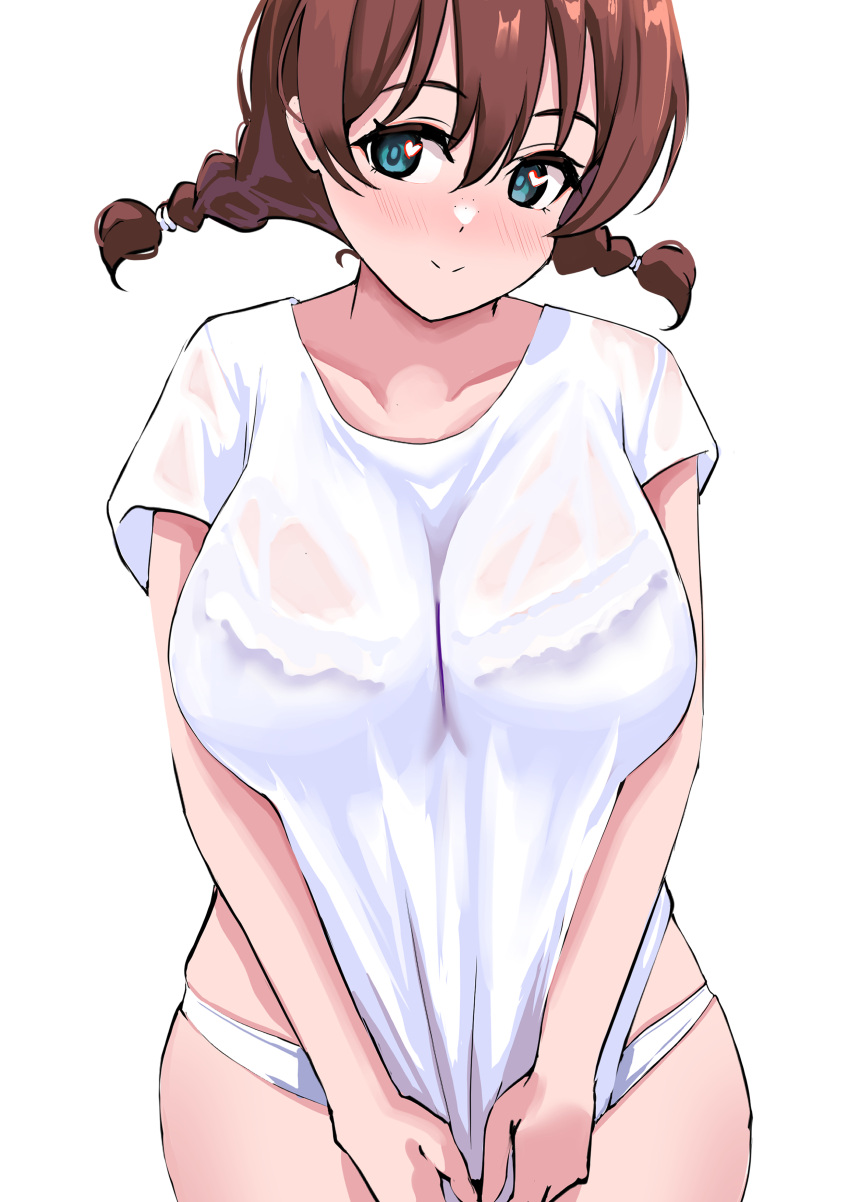 1girl absurdres blush bra_visible_through_clothes braid breasts brown_hair closed_mouth collarbone commentary_request emma_verde highres large_breasts looking_at_viewer love_live! love_live!_nijigasaki_high_school_idol_club medium_hair panties pisagi see-through shirt short_sleeves sidelocks smile solo standing twin_braids twintails underwear upper_body white_background white_panties white_shirt