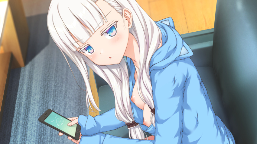 1girl aikotoba_-silver_snow_sister- any_(trueblue) blue_eyes blue_hoodie blush breasts cellphone couch downblouse game_cg holding holding_phone hood hoodie hoshitsugu_shirone indoors jitome long_hair looking_at_viewer nipples non-web_source parted_lips phone sitting small_breasts smartphone solo white_hair