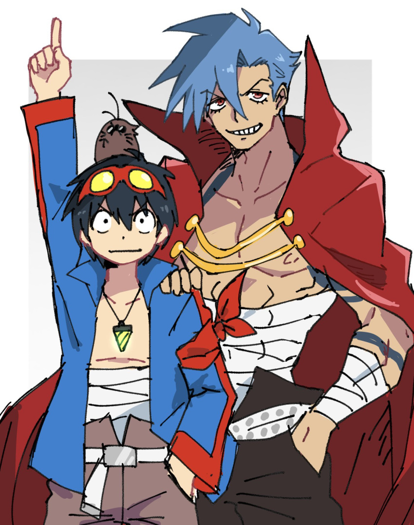 2boys animal animal_on_head arm_up bandaged_arm bandages black_hair blue_eyes blue_hair bodypaint boota_(ttgl) cape core_drill goggles goggles_on_head grin hand_in_pocket highres index_finger_raised jacket kamina_(ttgl) looking_at_viewer male_focus mole_(animal) multiple_boys on_head open_clothes open_jacket pants potomithu red_cape simon_(ttgl) smile spiked_hair tengen_toppa_gurren_lagann two-tone_background