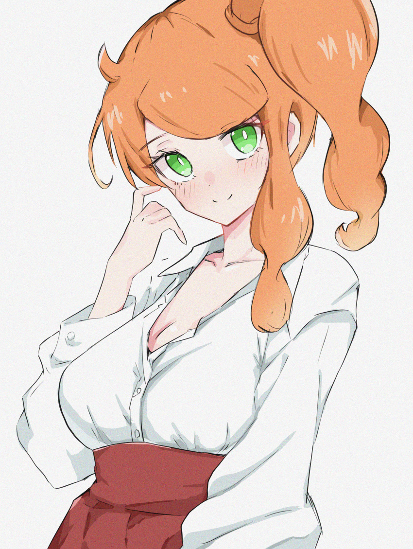 1girl absurdres alternate_costume blush breasts bright_pupils buttons cleavage closed_mouth collared_shirt commentary_request eyelashes green_eyes hand_up high-waist_skirt highres looking_at_viewer monmon_(monmon_k18) orange_hair pokemon pokemon_swsh red_skirt shirt side_ponytail simple_background single_sidelock skirt smile solo sonia_(pokemon) split_mouth white_background white_pupils white_shirt