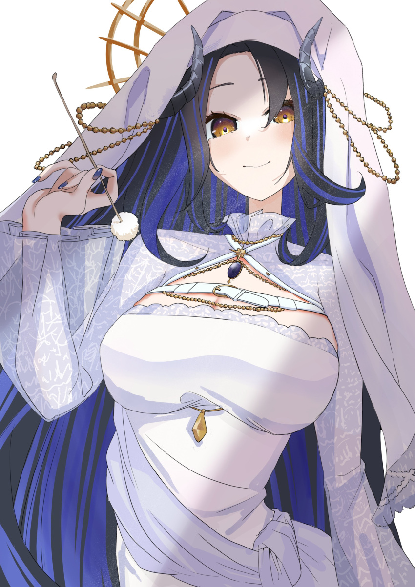 1girl absurdres belt black_brooch black_hair blue_hair blue_nails blush breasts brown_eyes chest_belt cleavage closed_mouth coif commentary_request curled_horns demon_girl demon_horns dress grey_horns habit hair_between_eyes hebiyoi_tier hebiyoi_tier_(2nd_costume) highres holding horns large_breasts long_hair long_sleeves looking_at_viewer mimikaki multicolored_hair nami/wave nanashi_inc. nun official_alternate_costume sidelocks smile solo two-tone_hair upper_body virtual_youtuber white_belt white_dress
